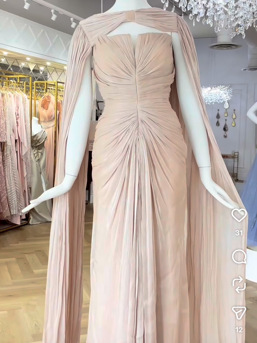 Elegant Blush Pink Ruched Cape Evening Gown